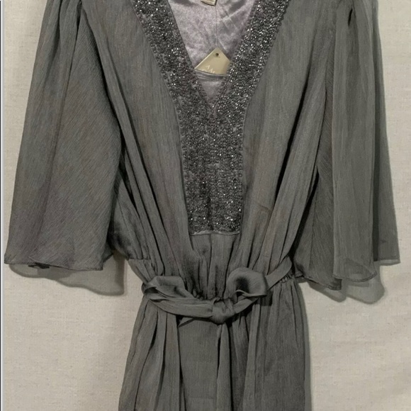 NWT American Glamour by Badgley Mischka| Size Small |Beaded V Neck Gray Blouse - Picture 2 of 6